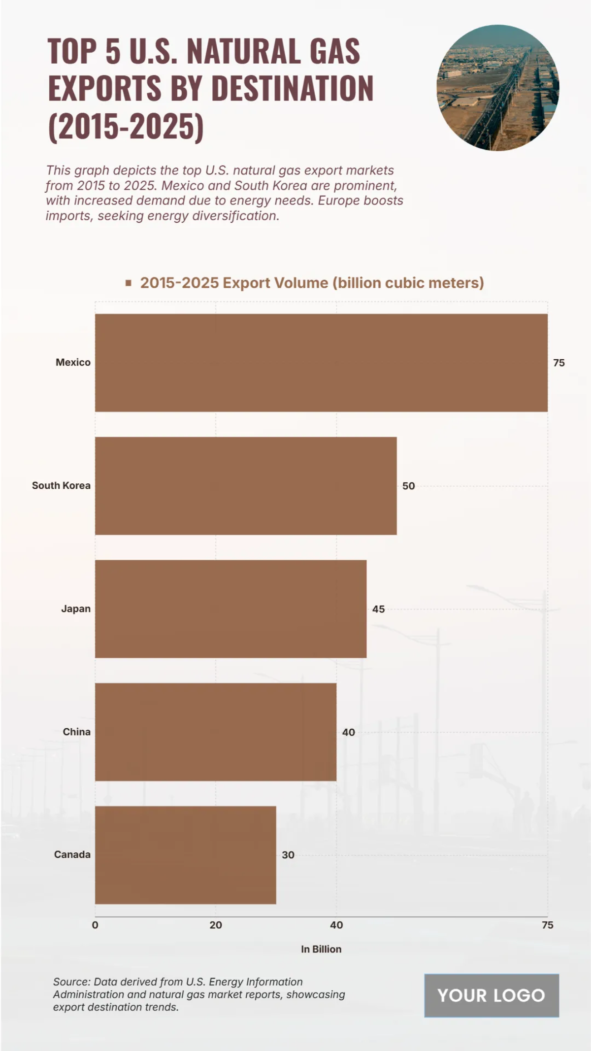 Free Top 5 U.S. Natural Gas Exports by Destination (2015-2025) Chart to Edit Online