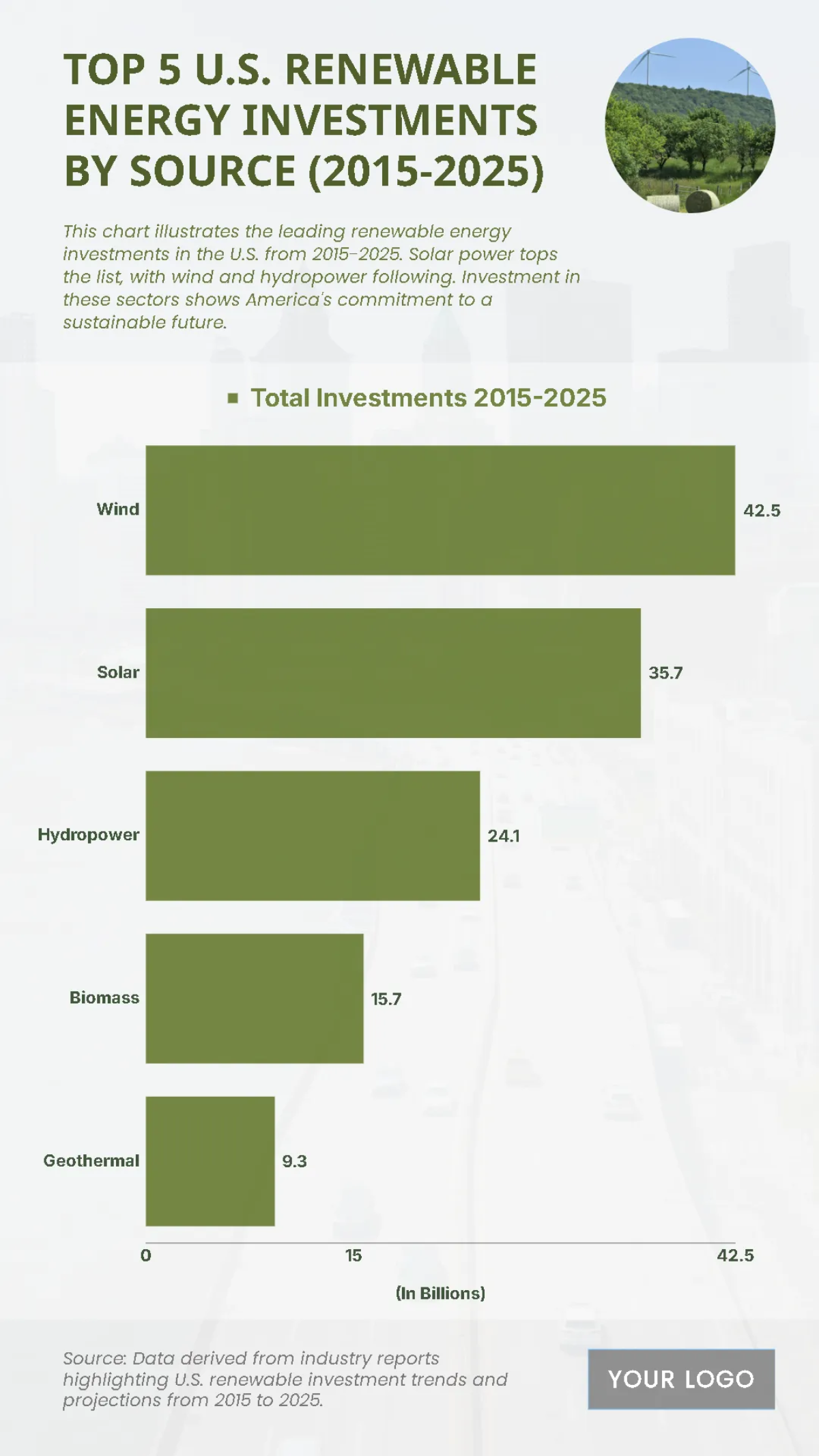 Free Top 5 U.S. Renewable Energy Investments by Source (2015-2025) Chart Template to Edit Online