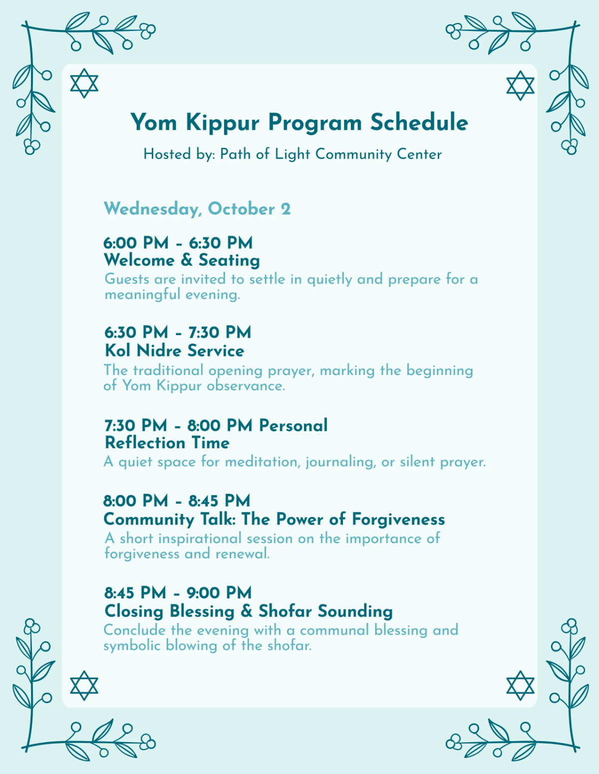 Free Yom Kippur Activities Template to Edit Online