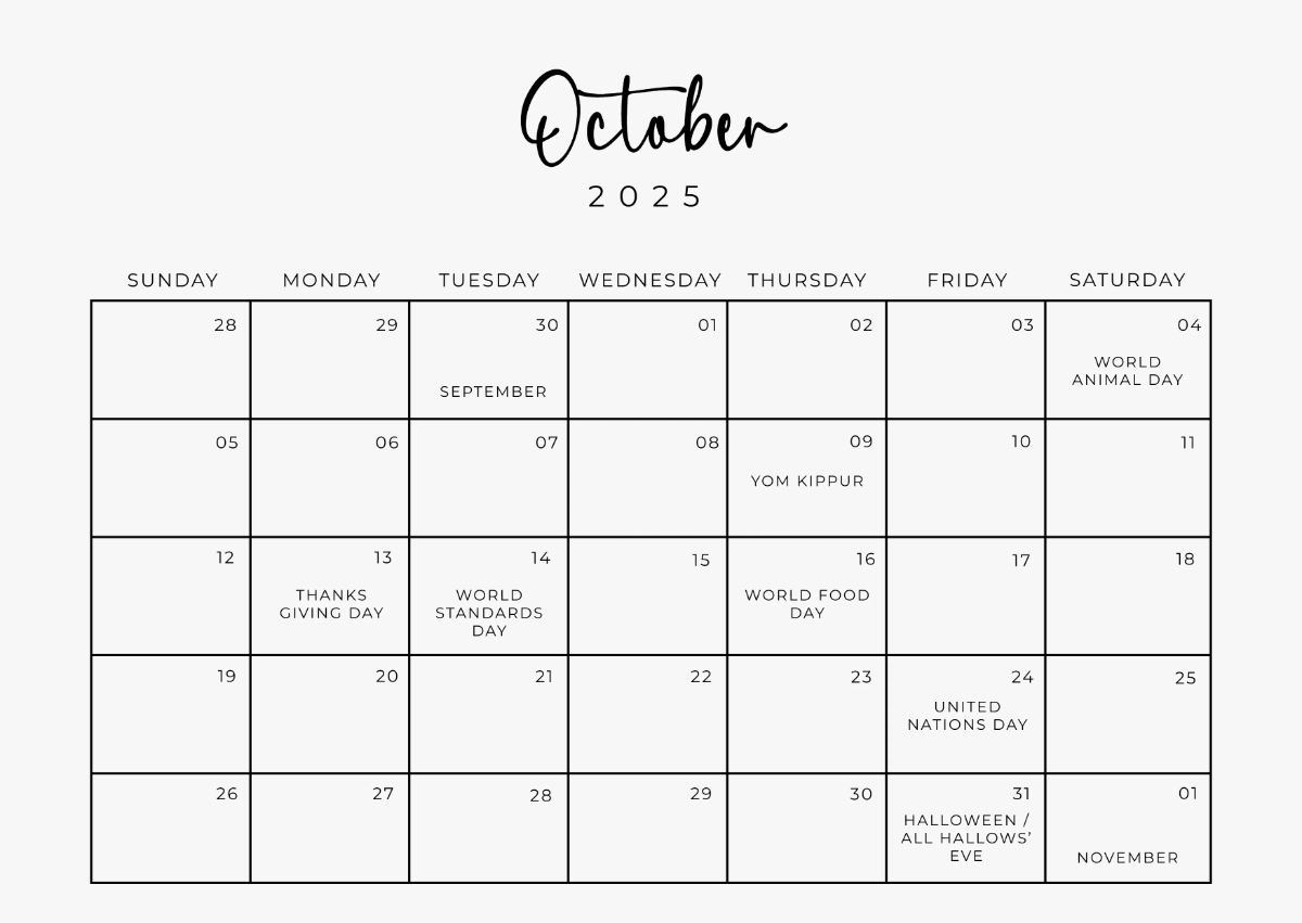 Free Editable October 2025 Horizontal Calendar Template to Edit Online