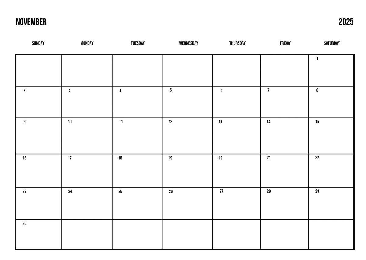 Free Simple November 2025 Horizontal Calendar Template to Edit Online