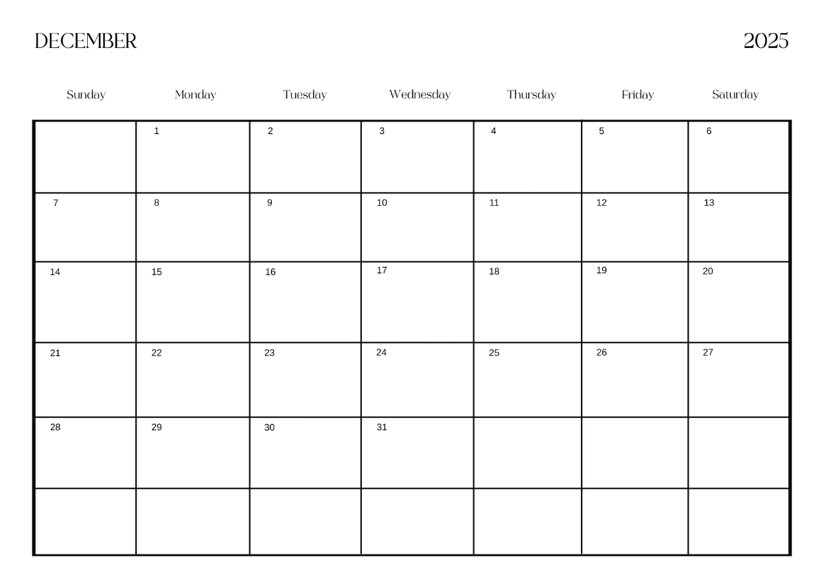 Free Simple December 2025 Horizontal Calendar Template to Edit Online