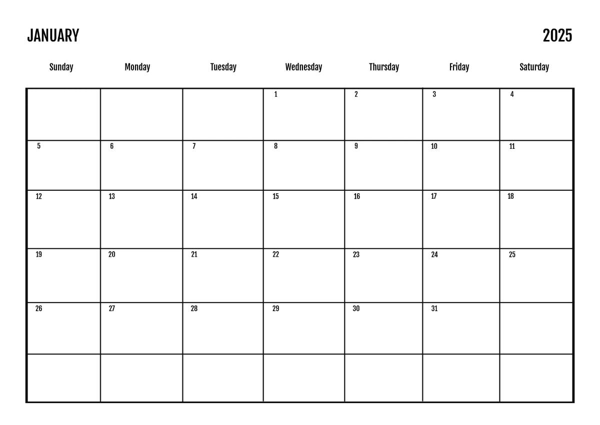 Free Simple January 2025 Horizontal Calendar Template to Edit Online