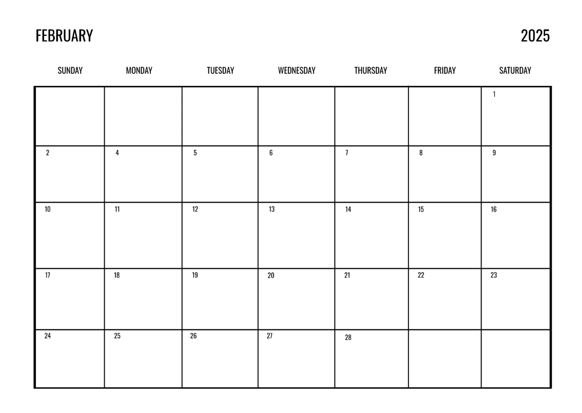 Free Simple February 2025 Horizontal Calendar Template to Edit Online