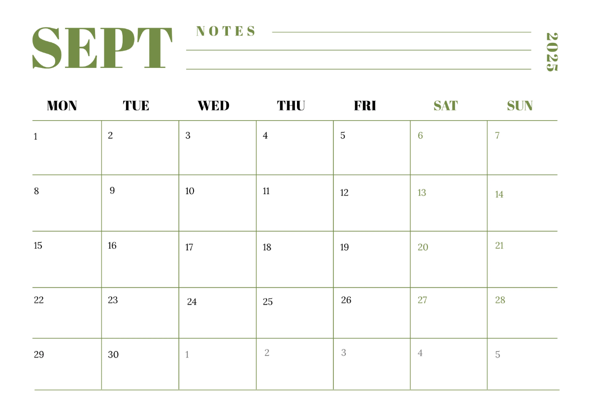 Free Elegant September 2025 Horizontal Calendar Template to Edit Online