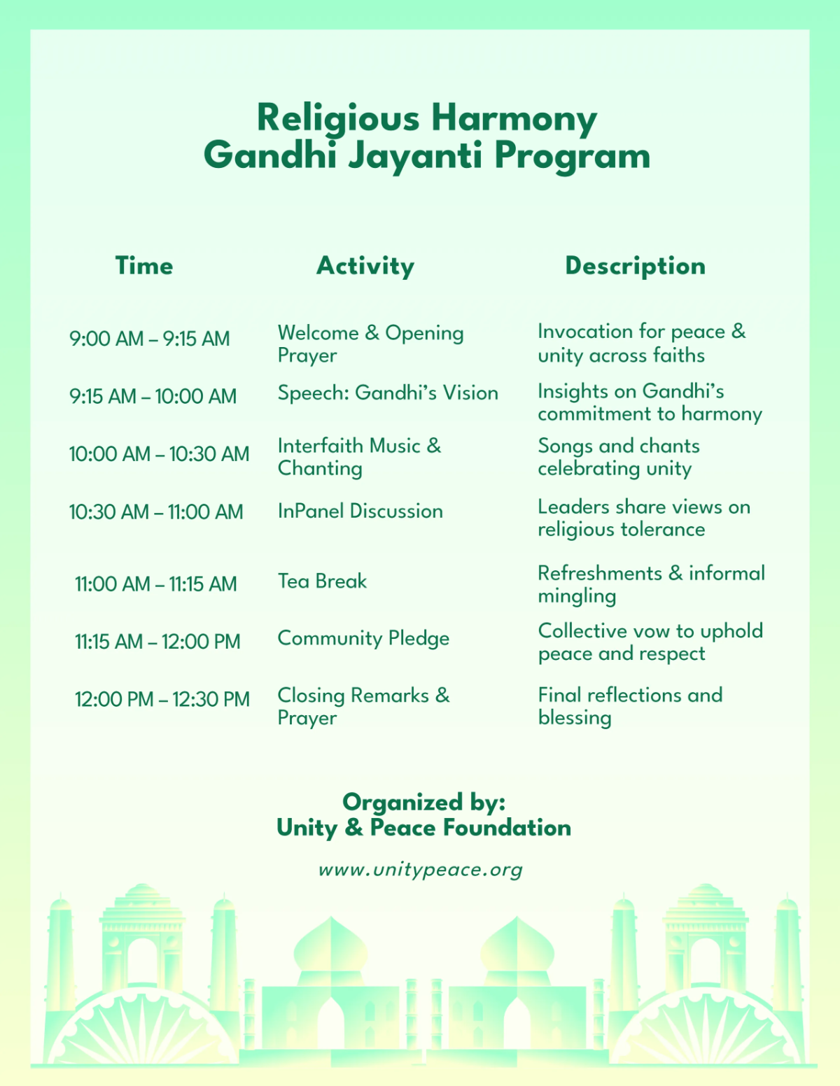 Free Religious Harmony Gandhi Jayanti Program Template to Edit Online