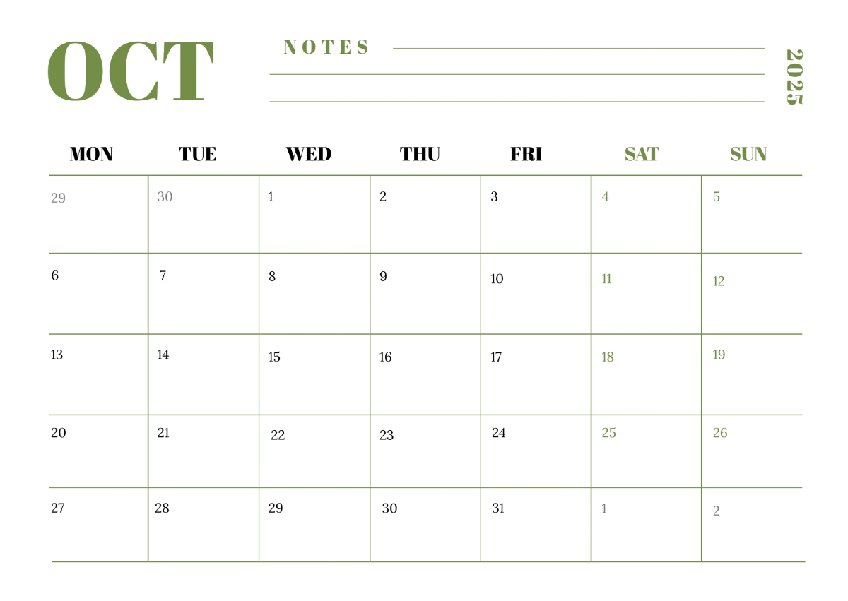 Free Elegant October 2025 Horizontal Calendar Template to Edit Online