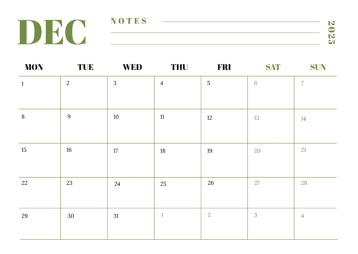 Free Elegant December 2025 Horizontal Calendar Template to Edit Online