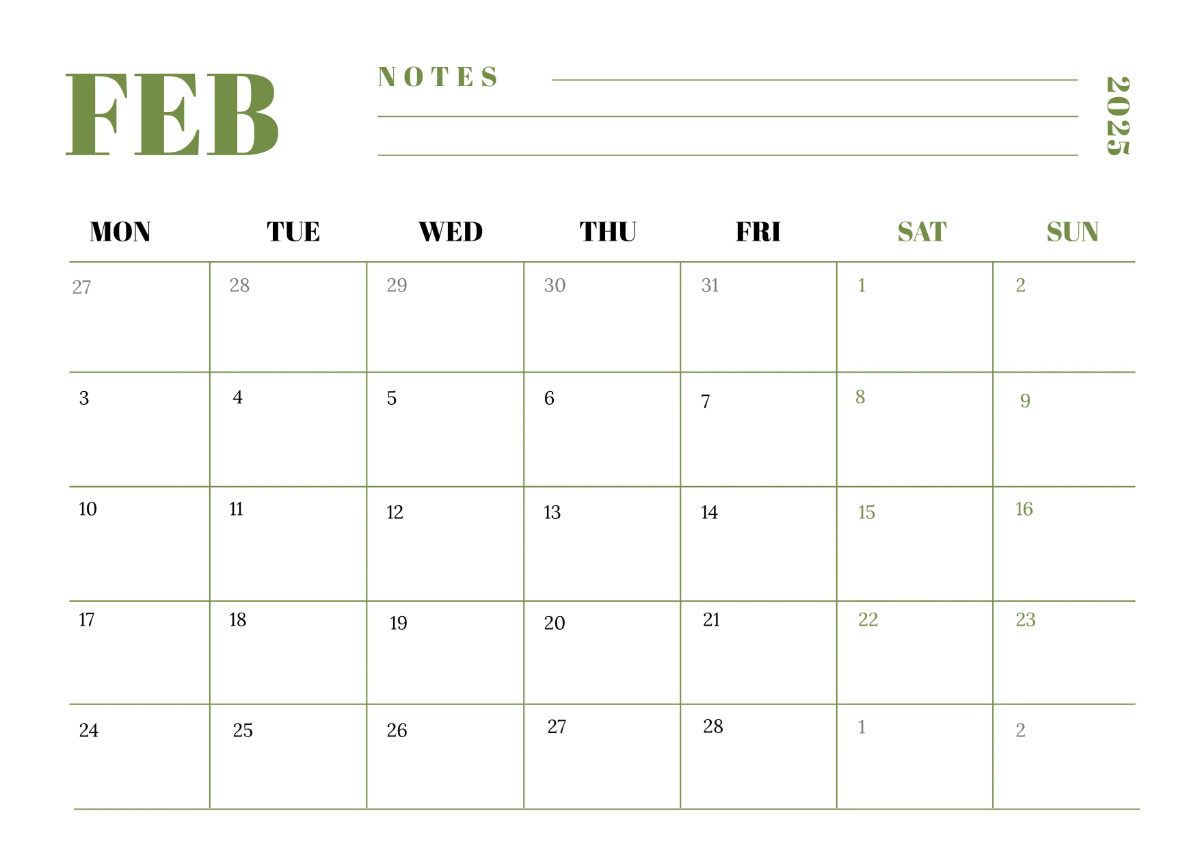 Free Elegant February 2025 Horizontal Calendar Template to Edit Online