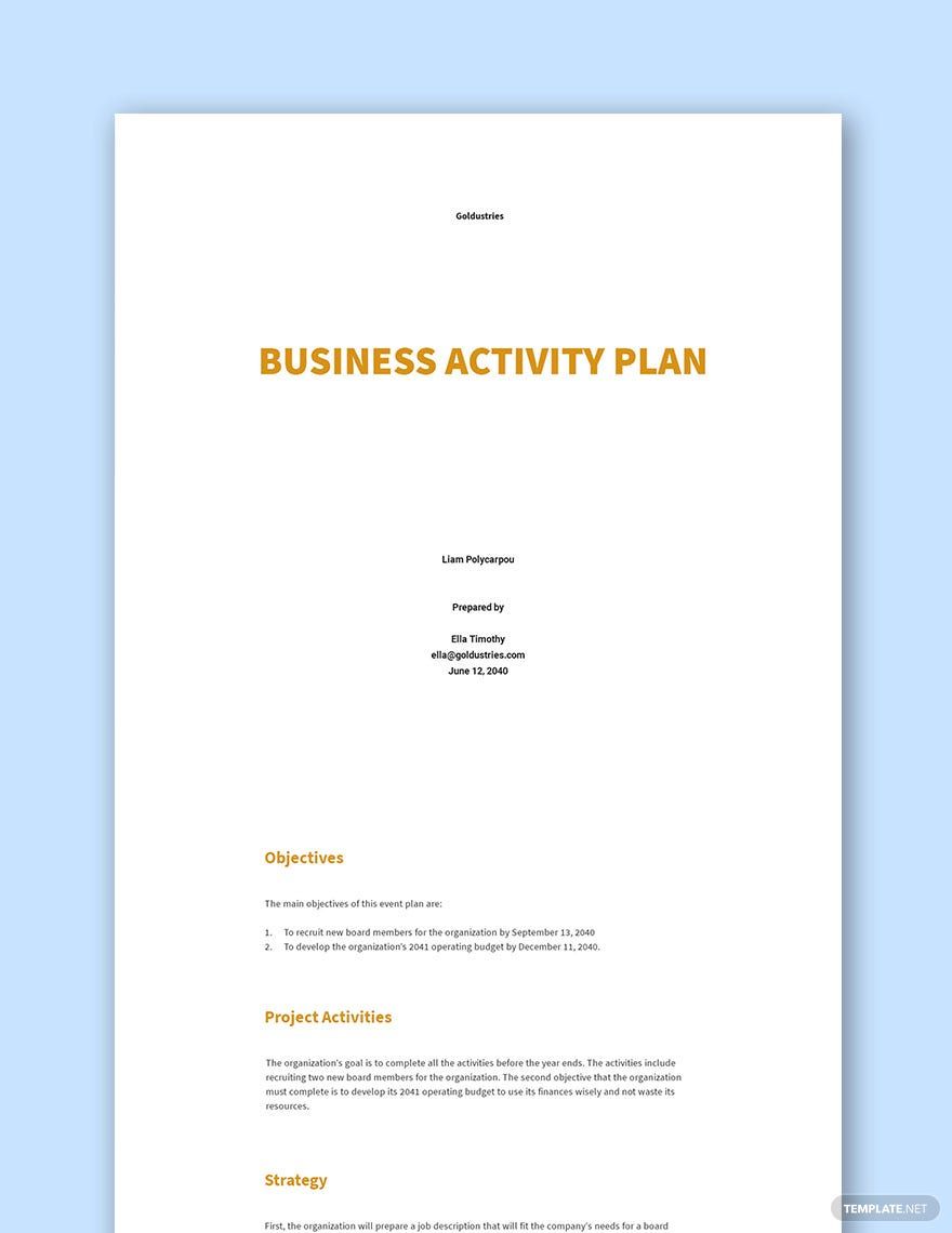 Business Activity Plan Template