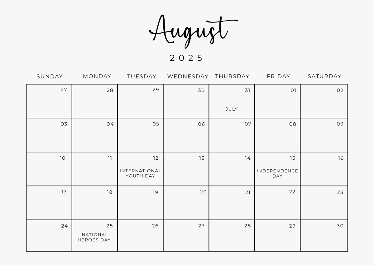 Free Editable August 2025 Horizontal Calendar Template to Edit Online