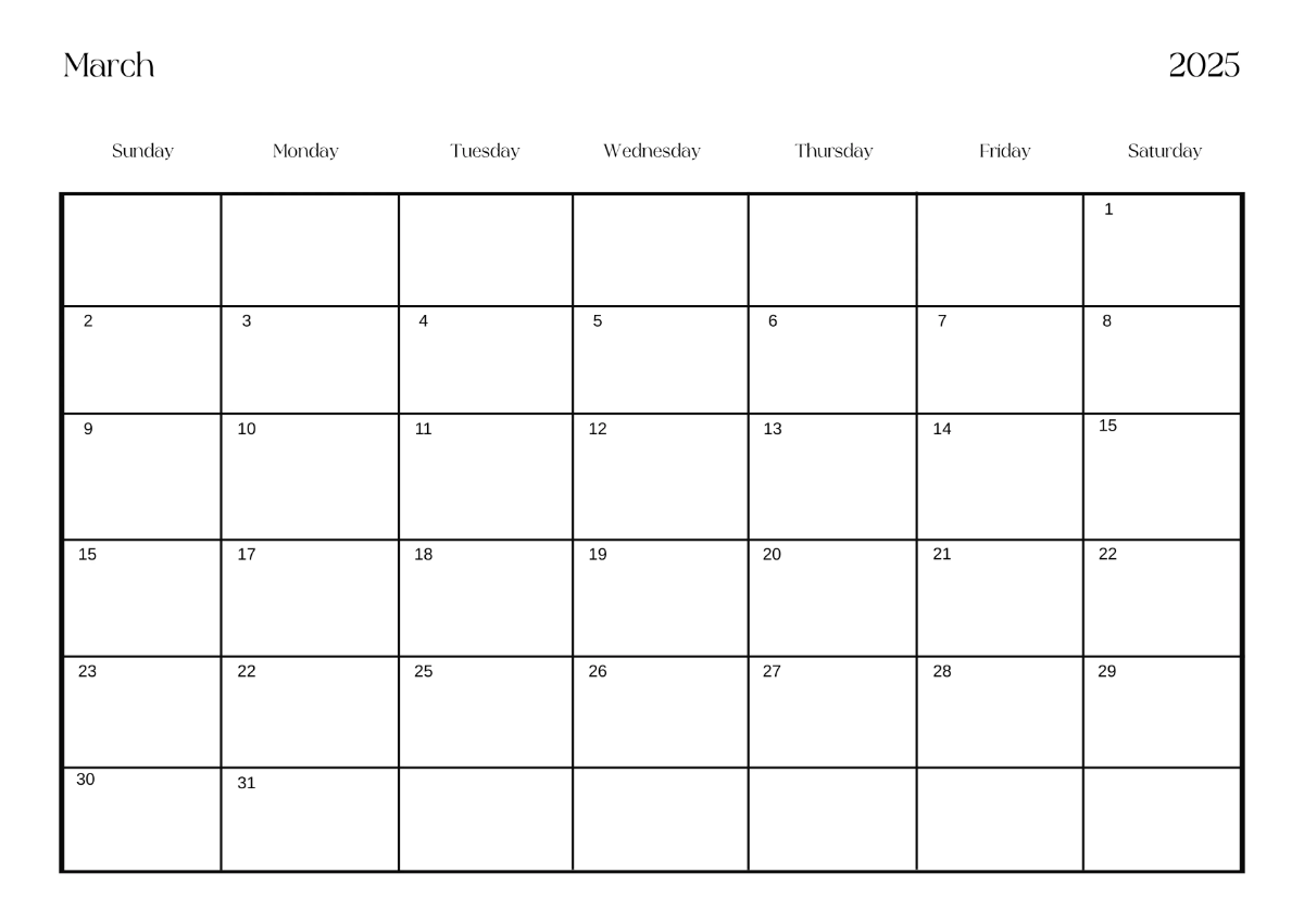 Free Simple March 2025 Horizontal Calendar Template to Edit Online