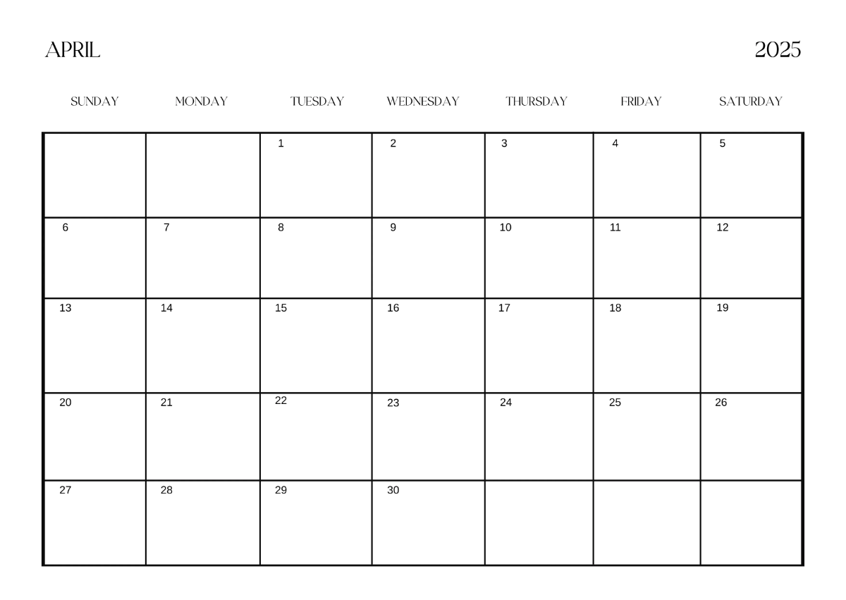 Free Simple April 2025 Horizontal Calendar Template to Edit Online