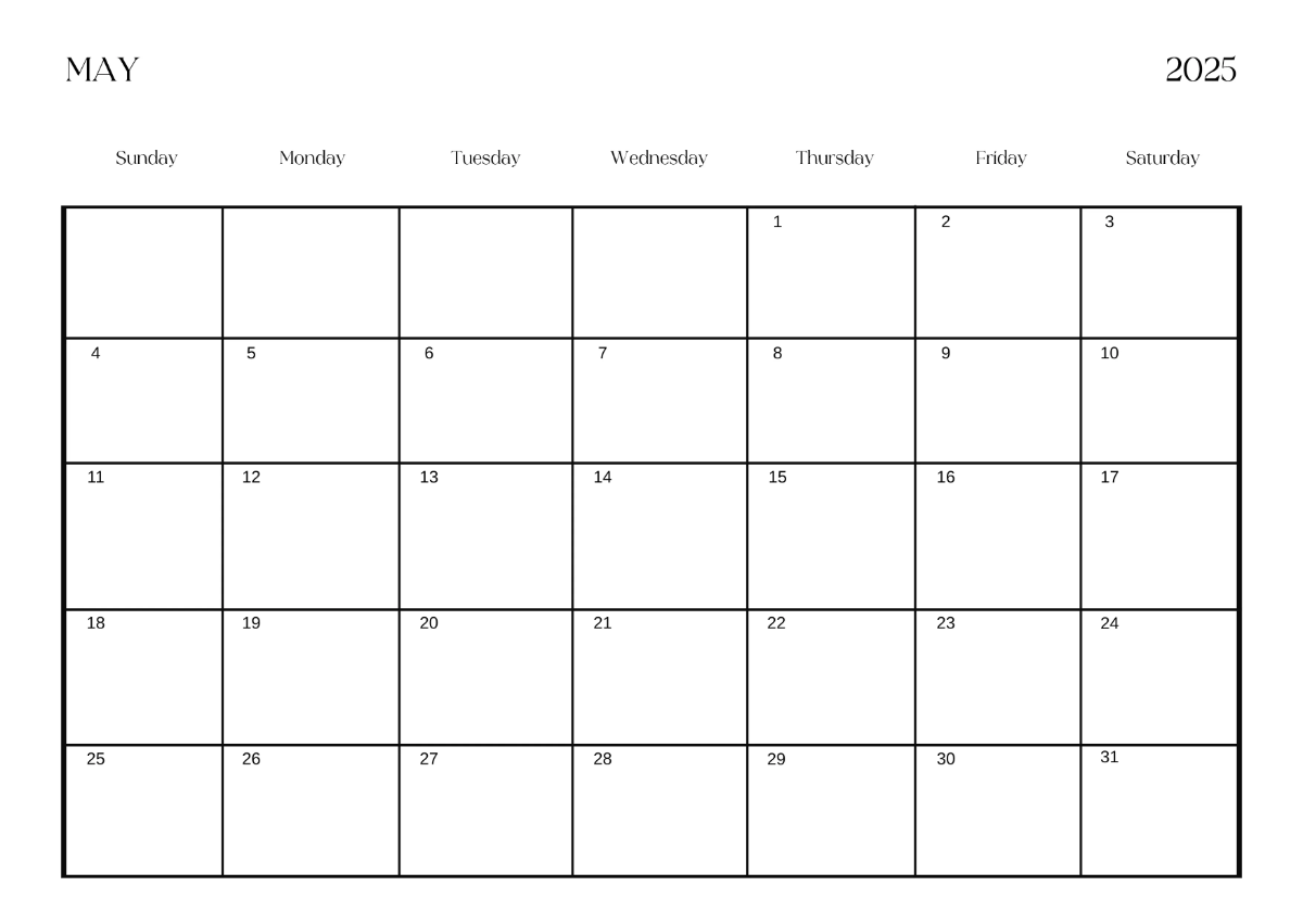 Free Simple May 2025 Horizontal Calendar Template to Edit Online