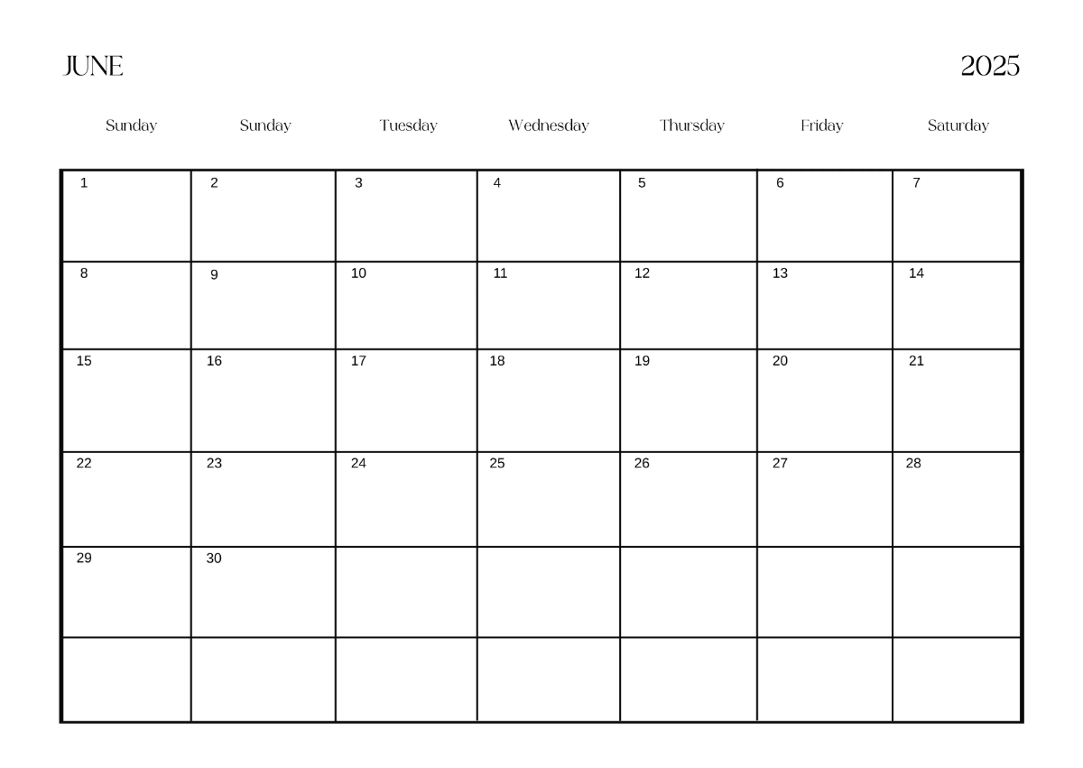 Free Simple June 2025 Horizontal Calendar Template to Edit Online