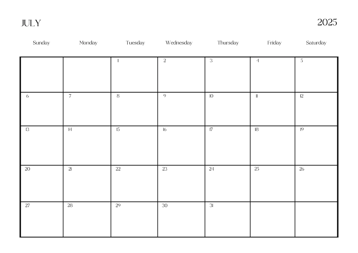 Free Simple July 2025 Horizontal Calendar Template to Edit Online