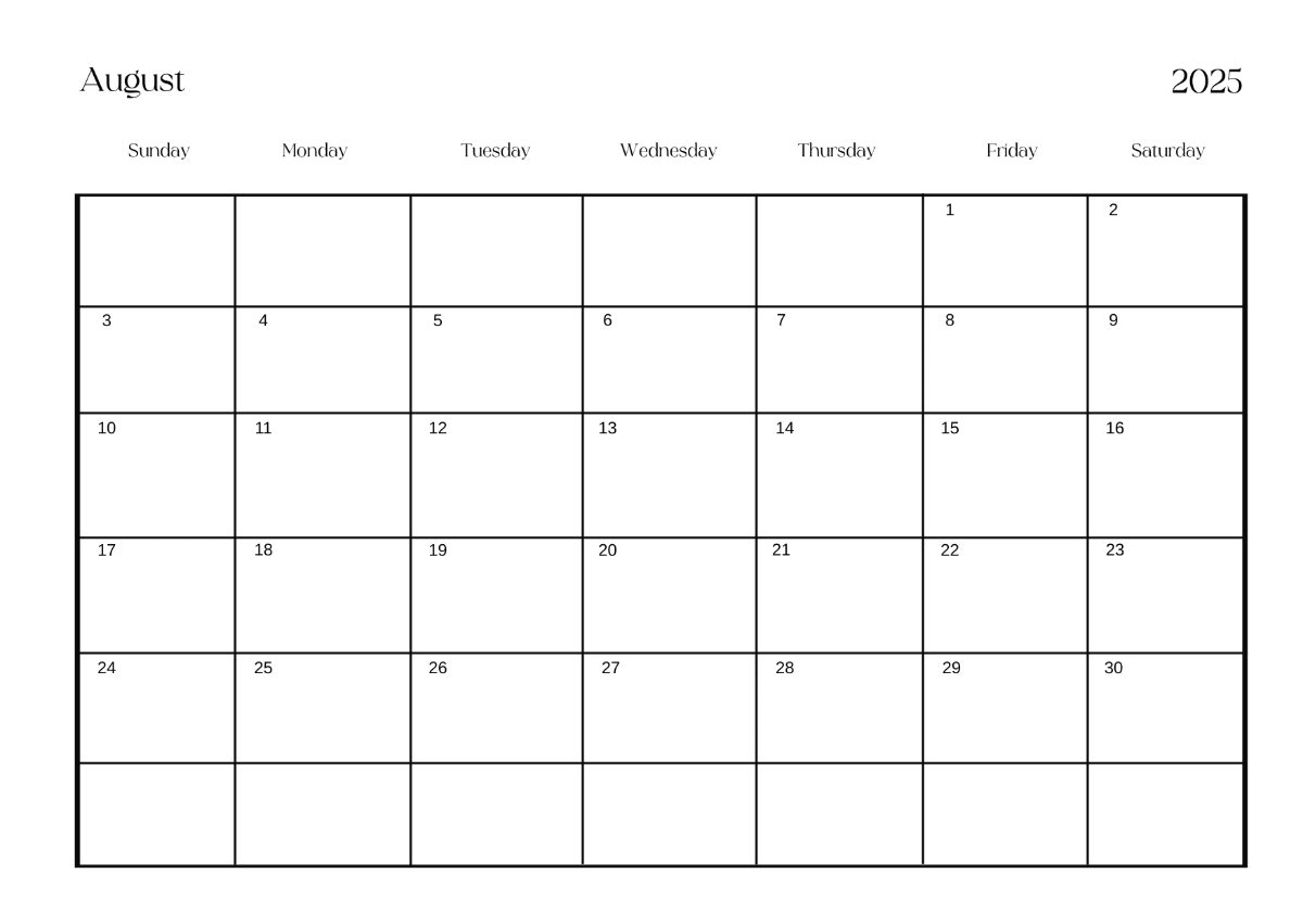 Free Simple August 2025 Horizontal Calendar Template to Edit Online