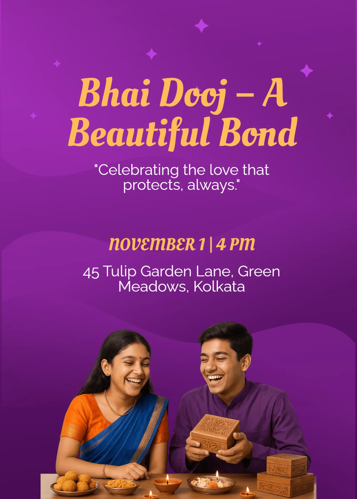 Free Beautiful Bond Bhai Dooj Invitation Template to Edit Online