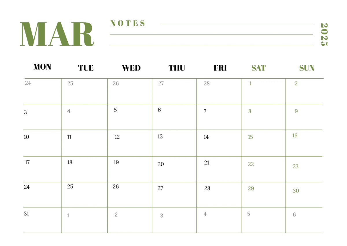 Free Elegant March 2025 Horizontal Calendar Template to Edit Online