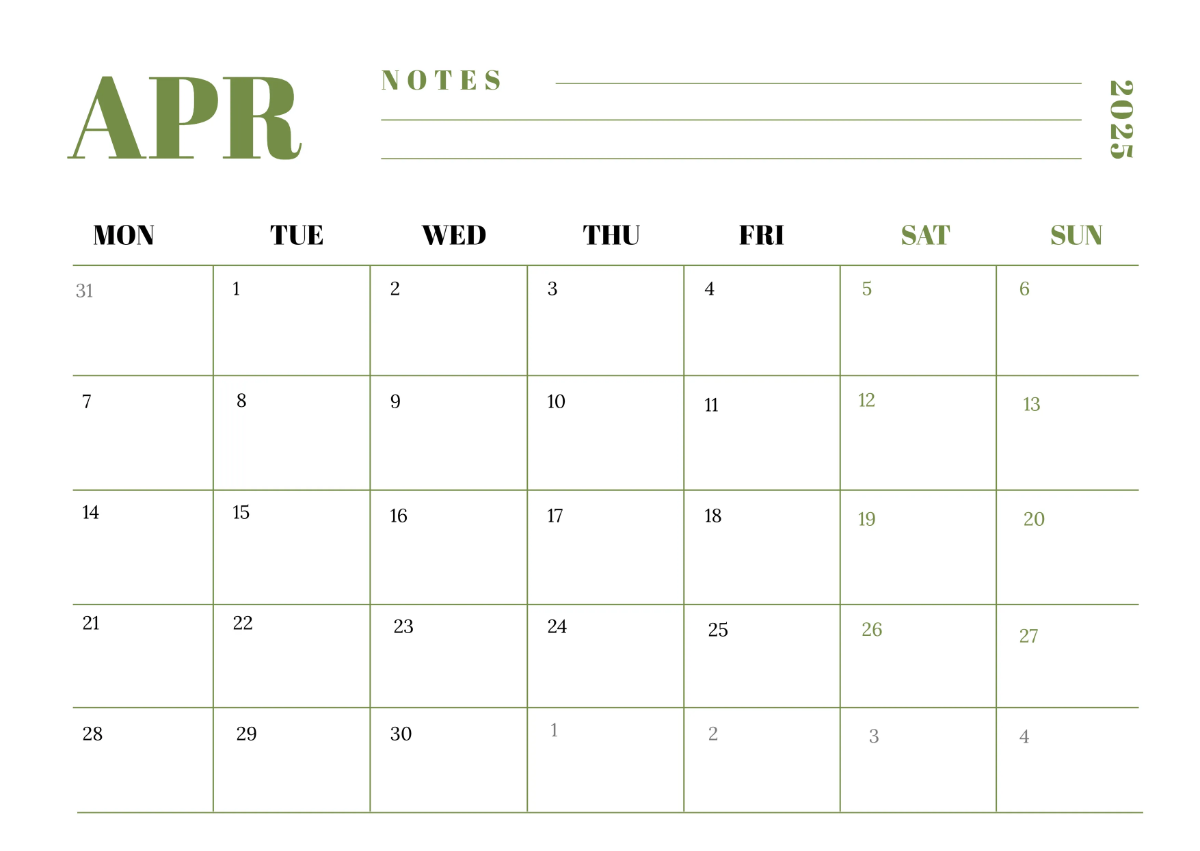 Free Elegant April 2025 Horizontal Calendar Template to Edit Online