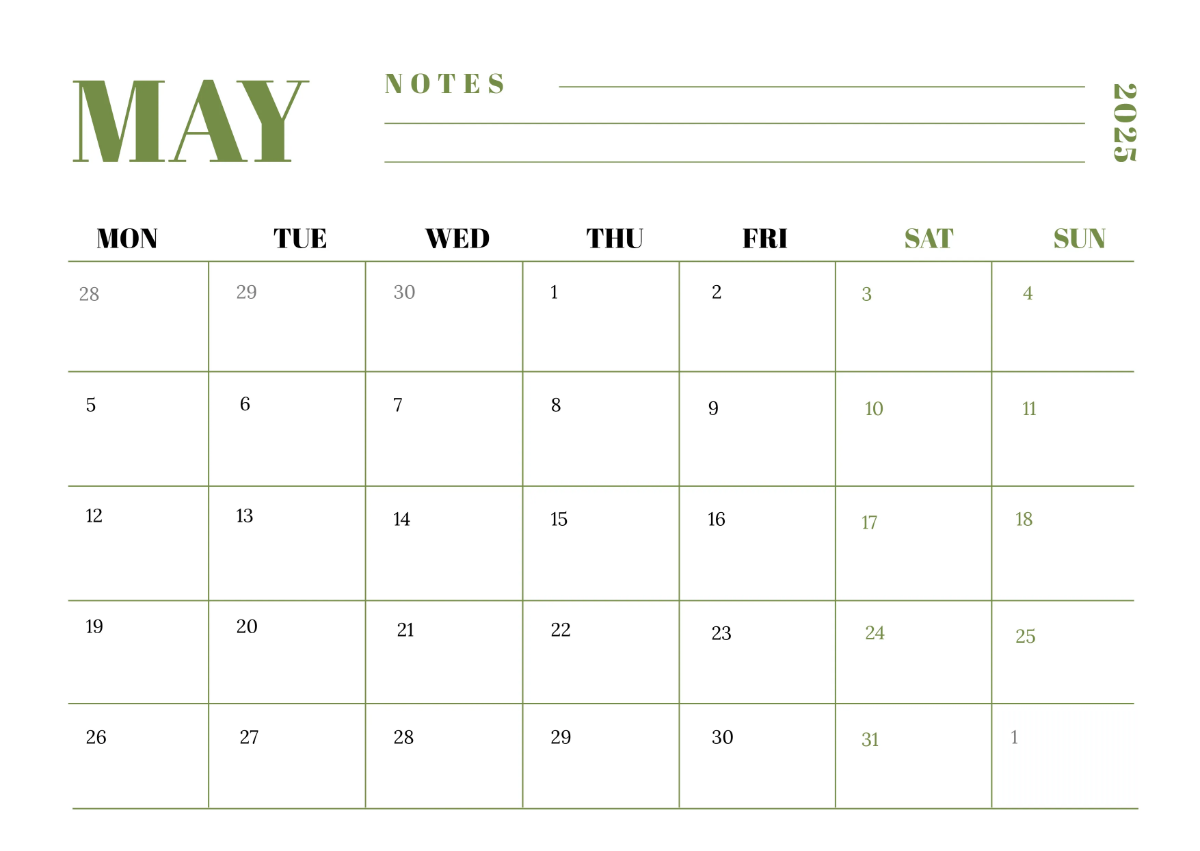 Free Elegant May 2025 Horizontal Calendar Template to Edit Online