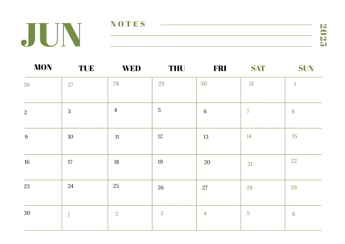 Free Elegant June 2025 Horizontal Calendar Template to Edit Online