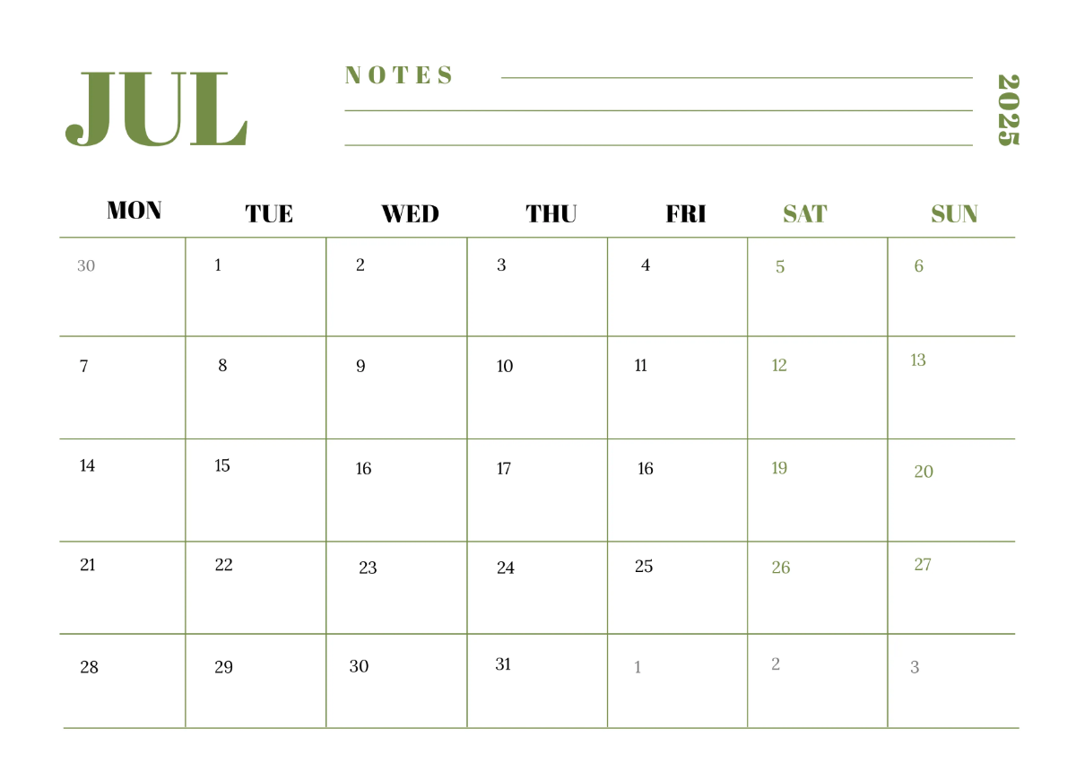 Free Elegant July 2025 Horizontal Calendar Template to Edit Online