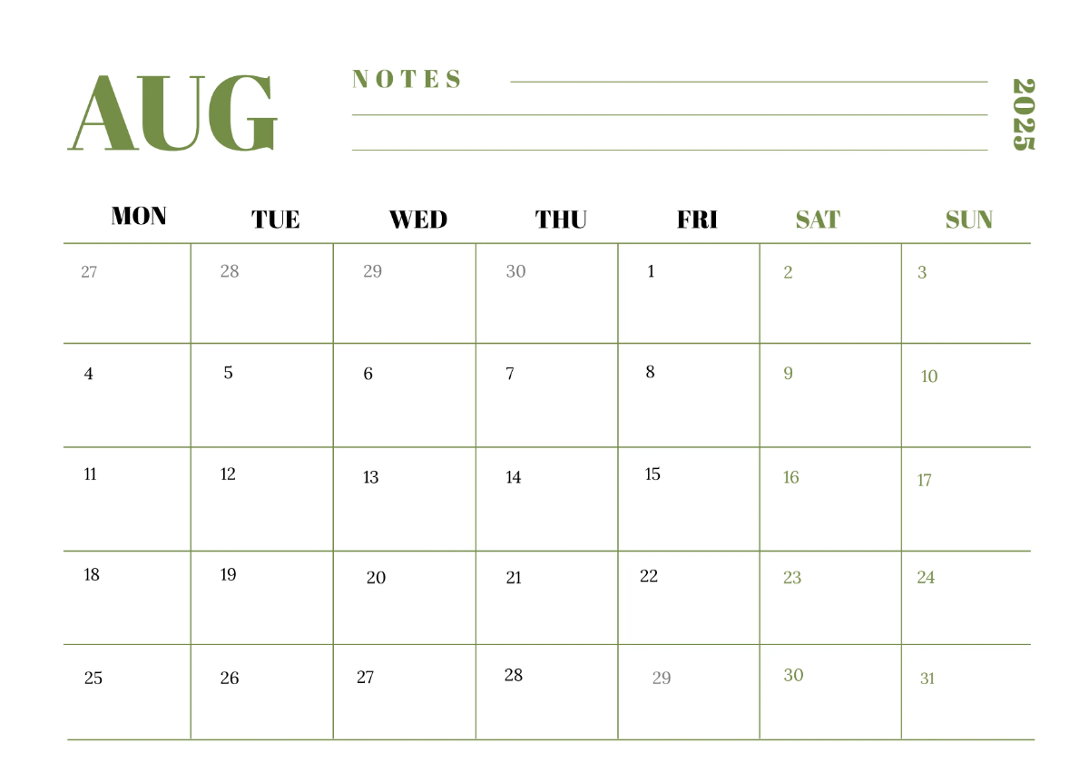 Free Elegant August 2025 Horizontal Calendar Template to Edit Online