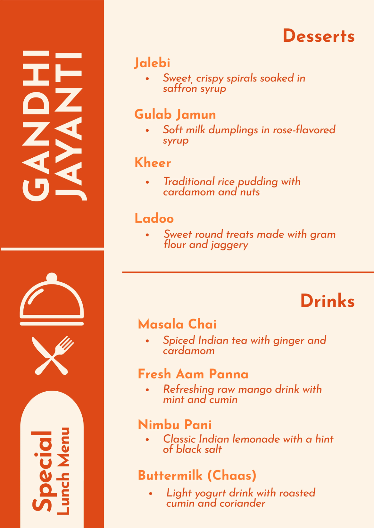 Free Gandhi Jayanti Special Lunch Menu Template to Edit Online