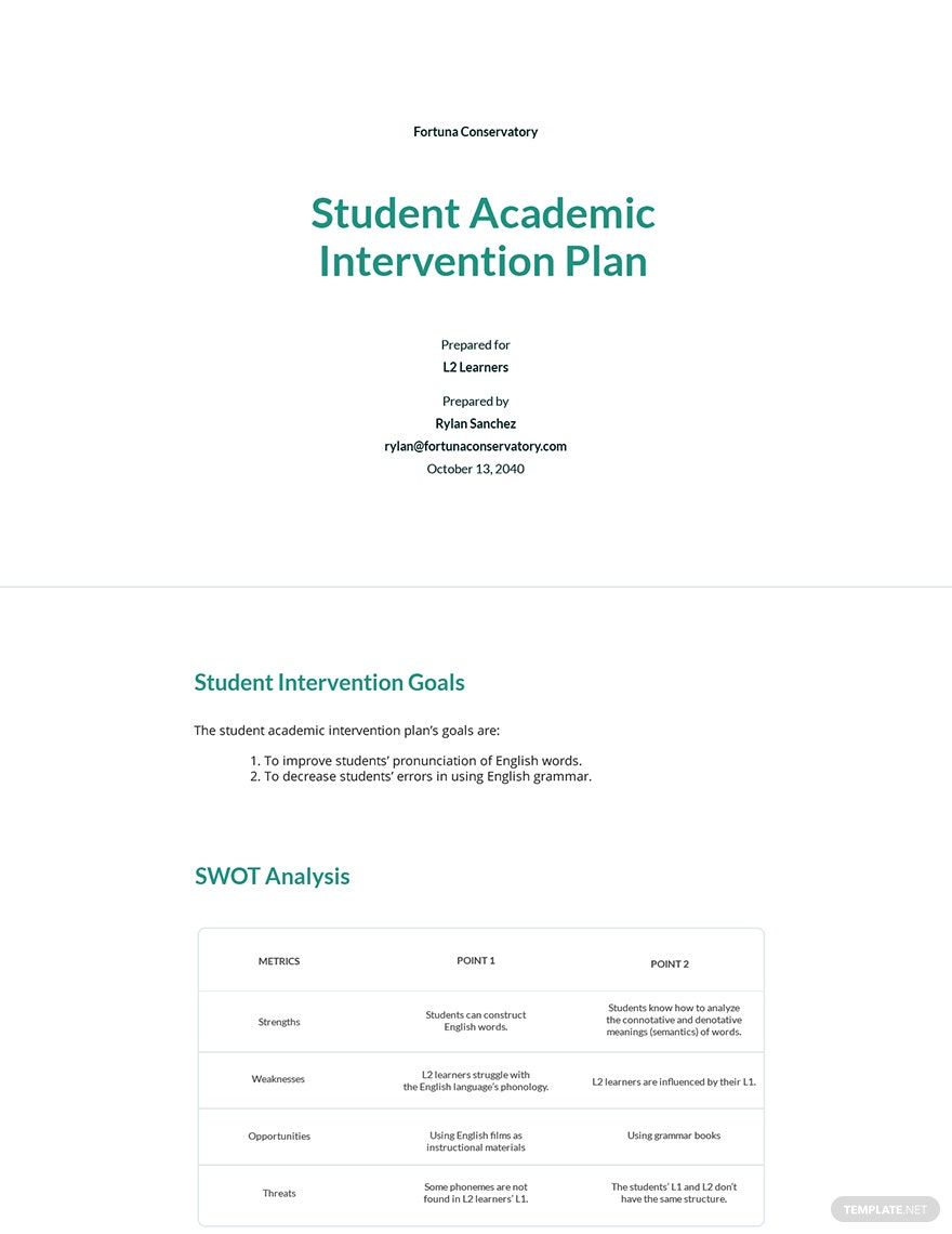 Student Academic Intervention Plan Template