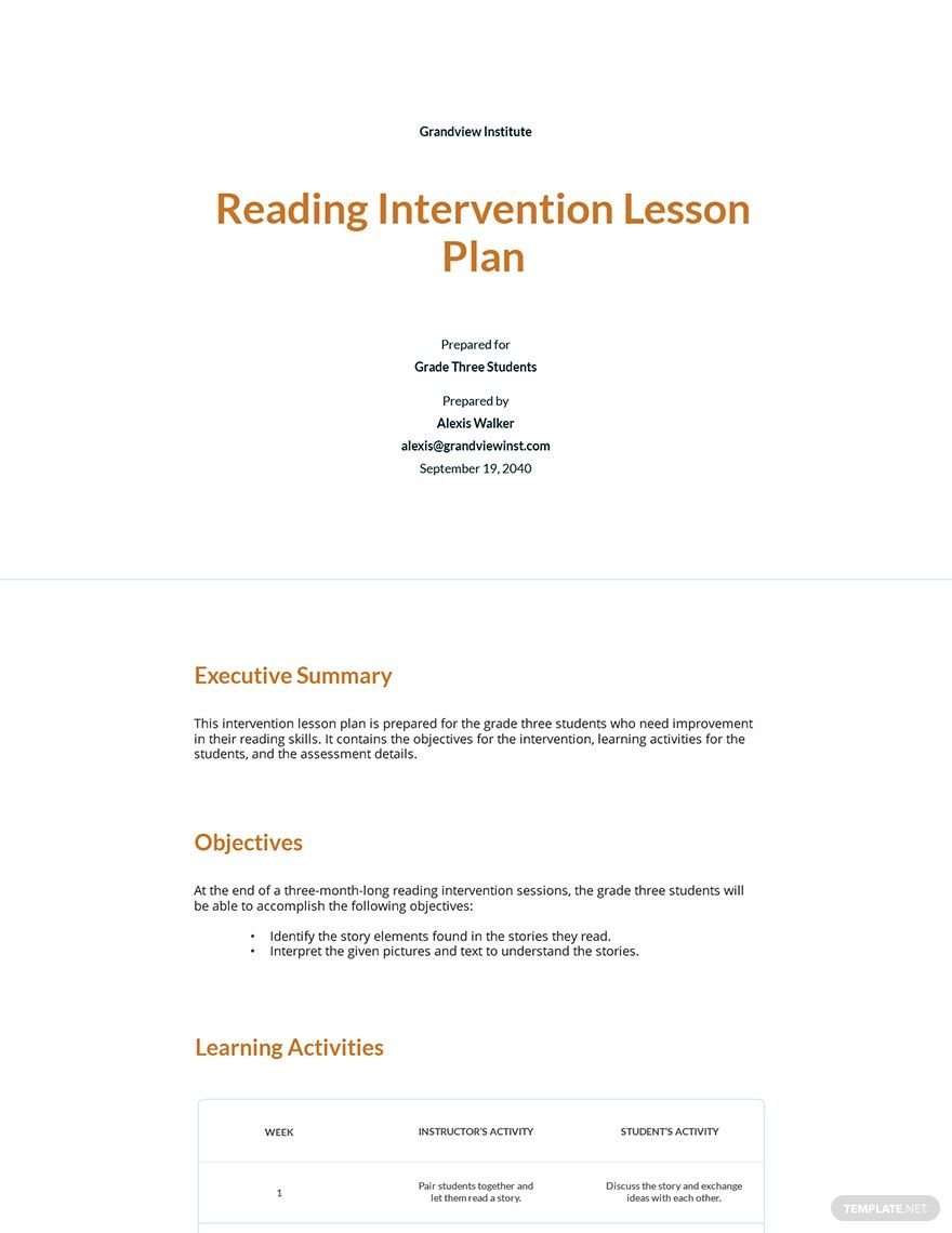 Reading Intervention Plan Template