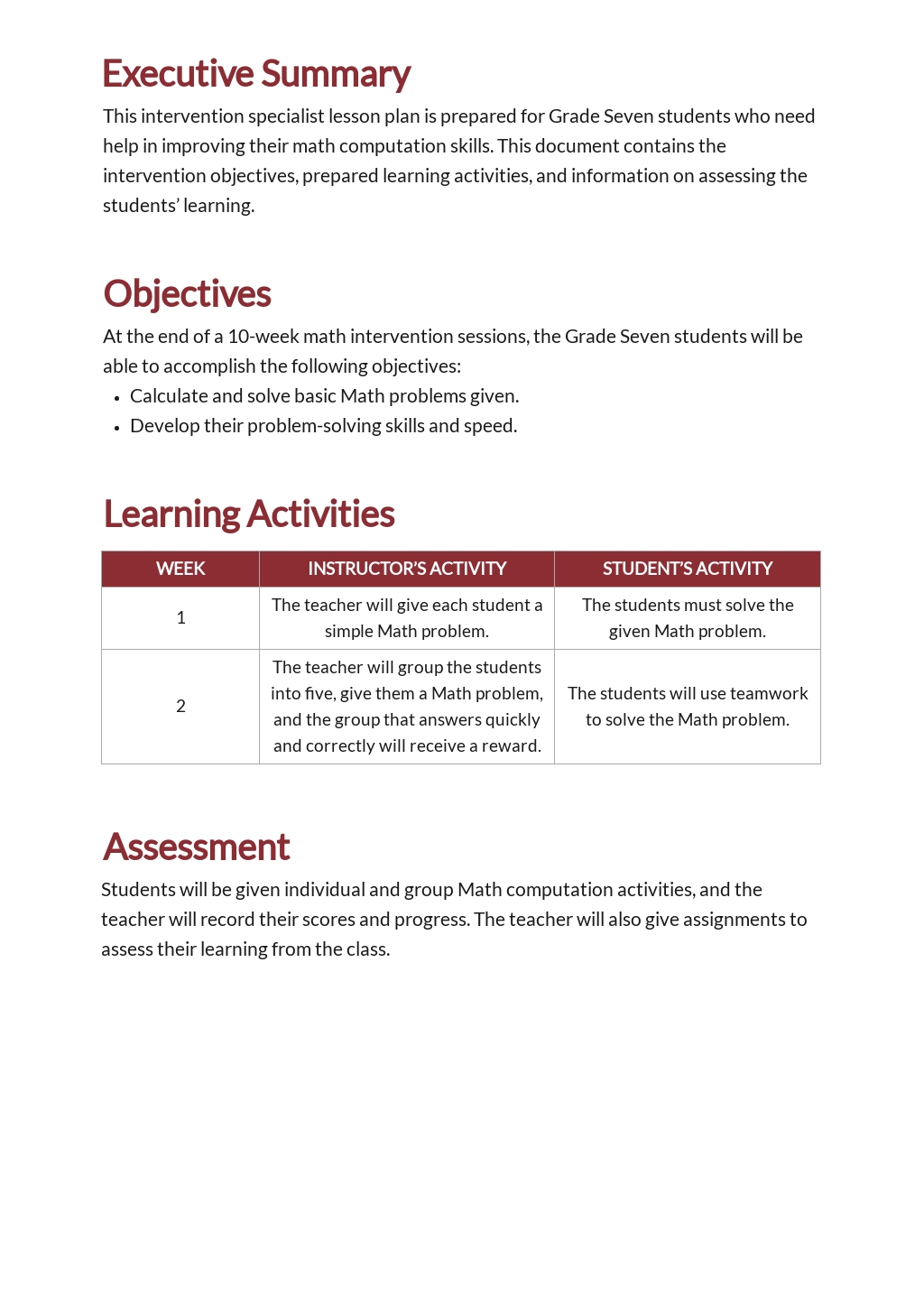 Intervention Specialist Lesson Plan Template Google Docs Word Apple Pages PDF Template