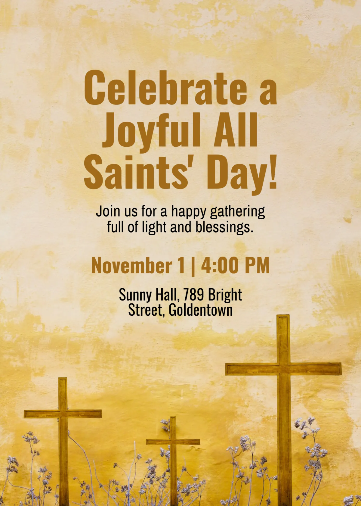 Free Yellow Happy All Saints' Day Invitation Template to Edit Online