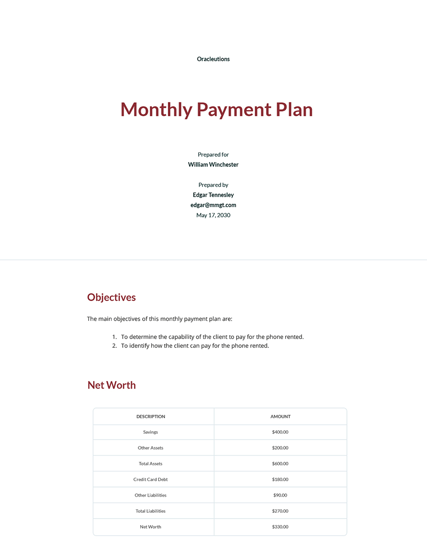 Monthly Payment Plan Template