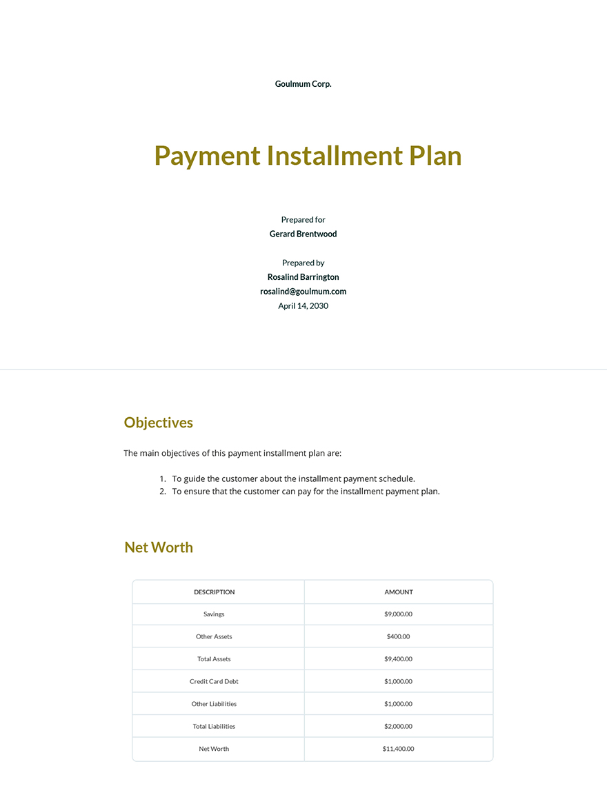 Payment Installment Plan Template Google Docs Word Apple Pages