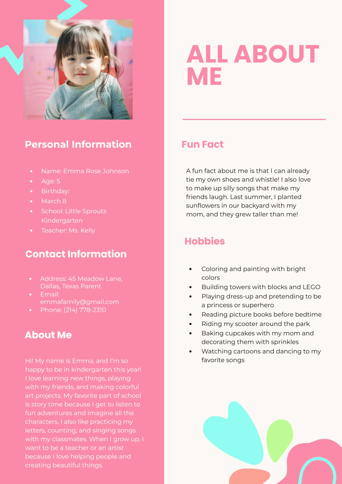 Free Kindergarten About Me Template to Edit Online