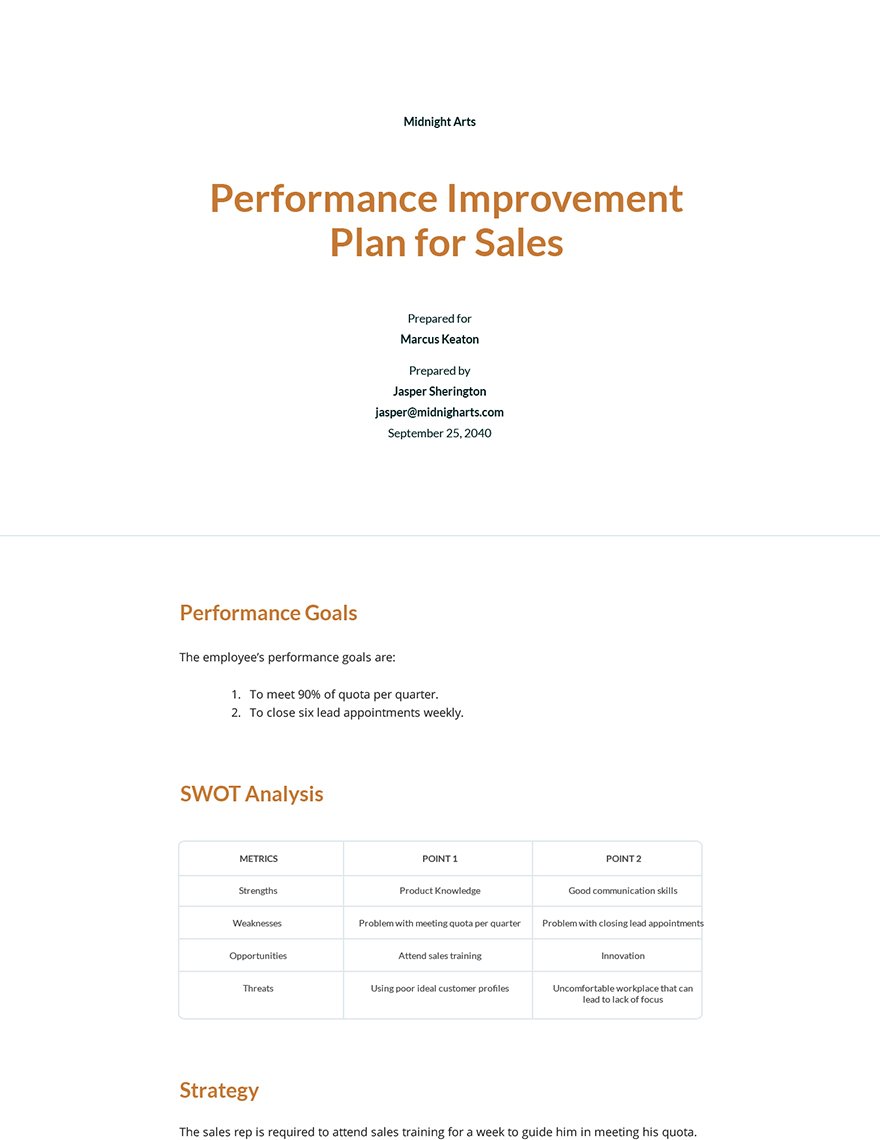 Performance Improvement Plan Template for Sales Google Docs, Word