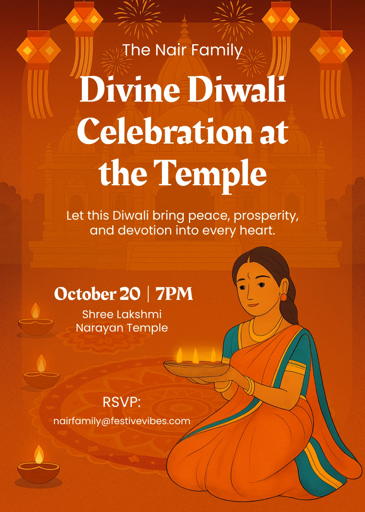 Free Temple Theme Diwali Invitation Template to Edit Online