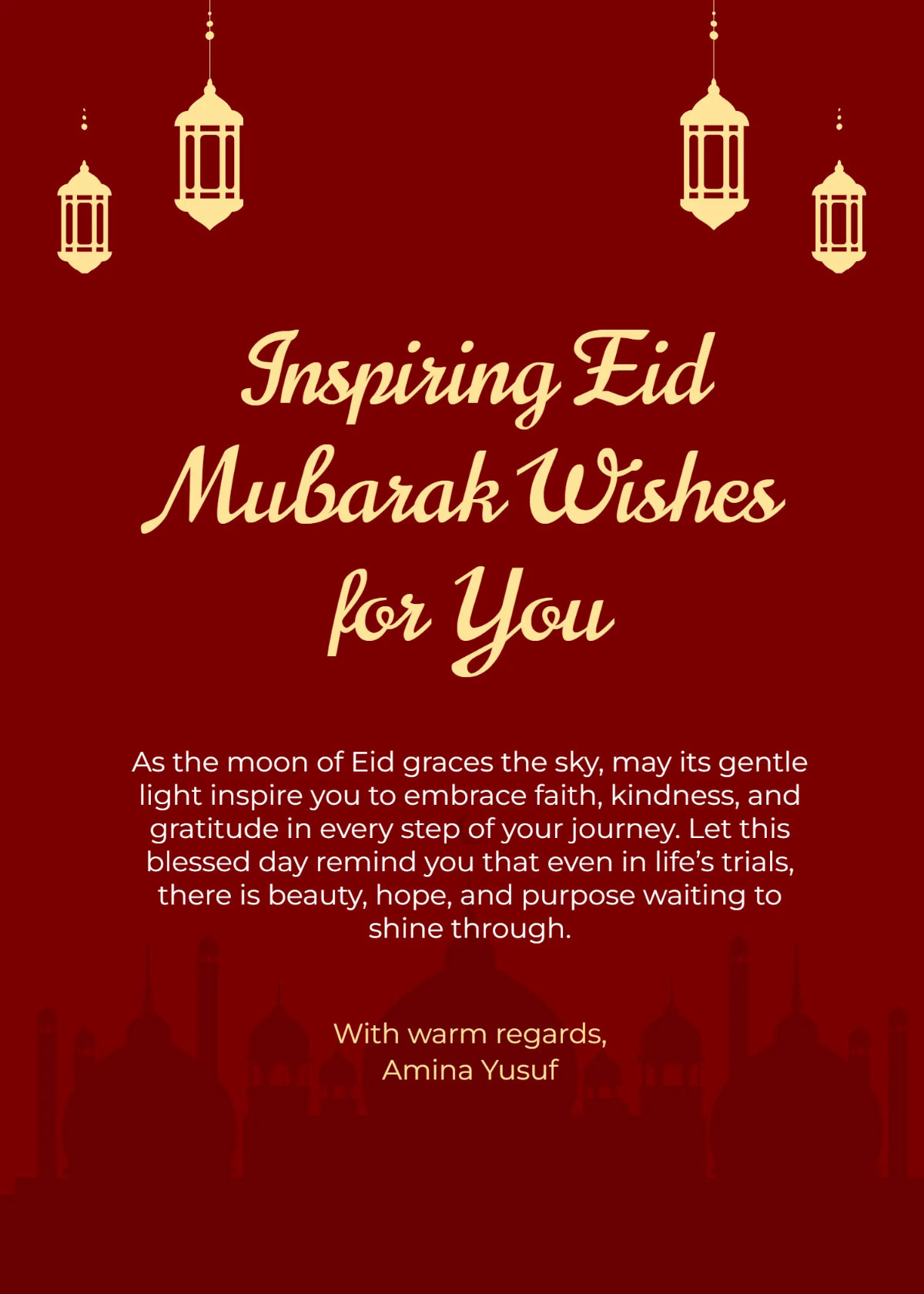Free Inspirational Eid Mubarak Wishes Template to Edit Online