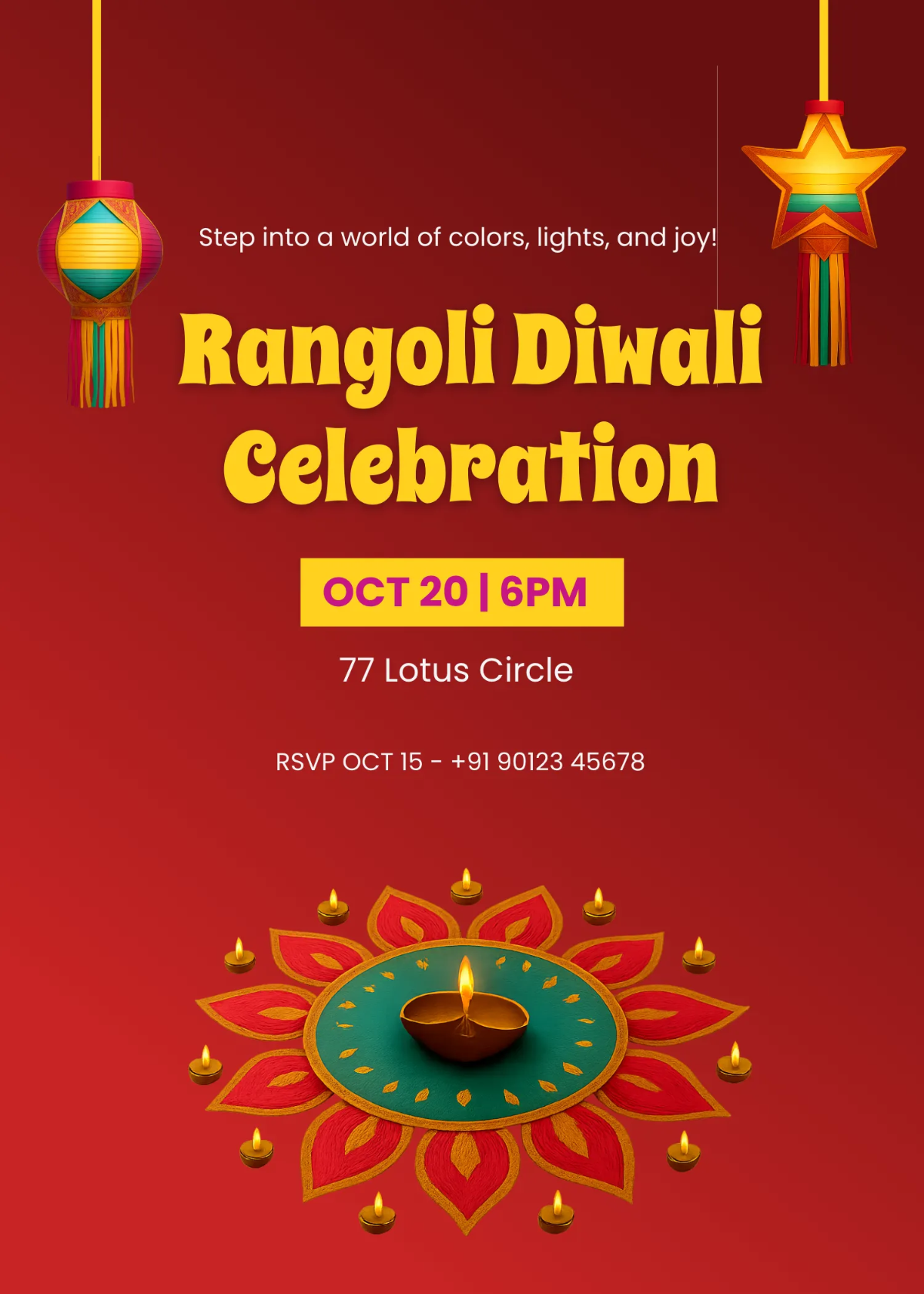 Free Diwali Invitation with Rangoli Design Template to Edit Online