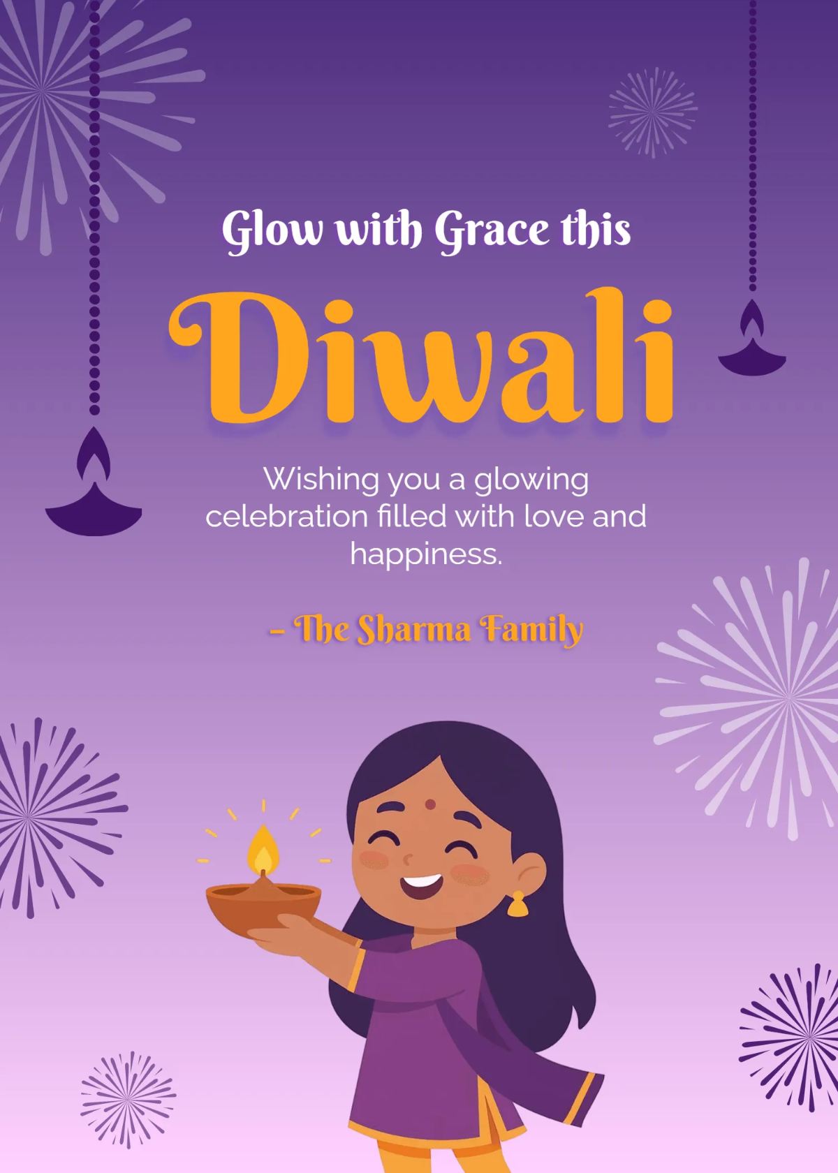 Free Diwali Illustration Greeting with Lamps Template to Edit Online