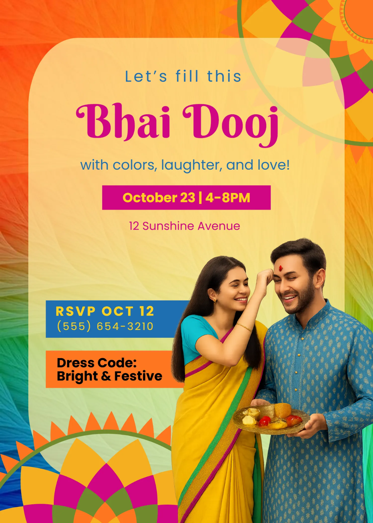 Free Colorful Bhai Dooj Invitation Template to Edit Online