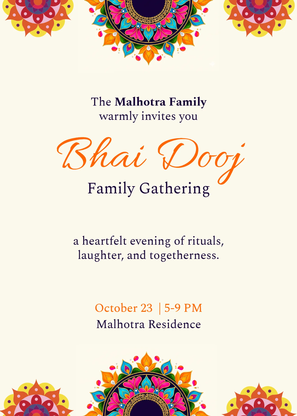 Free Bhai Dooj Rangoli Graphic Invitation Template to Edit Online