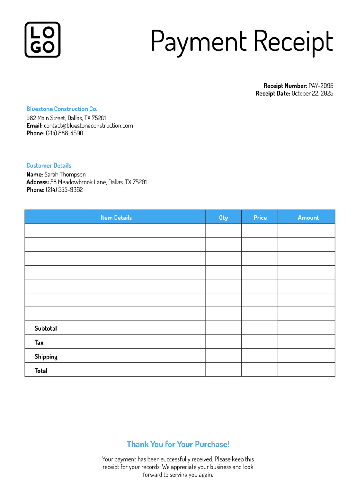 Free Payment Receipt Template to Edit Online