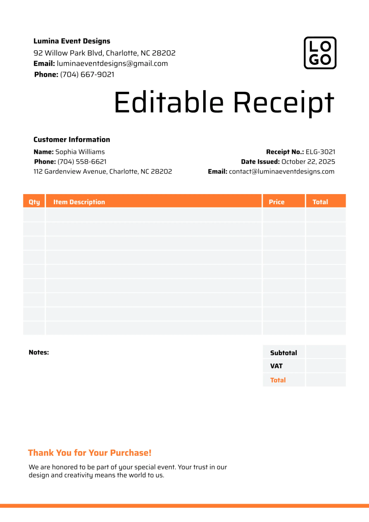 Free Editable Receipt Template to Edit Online