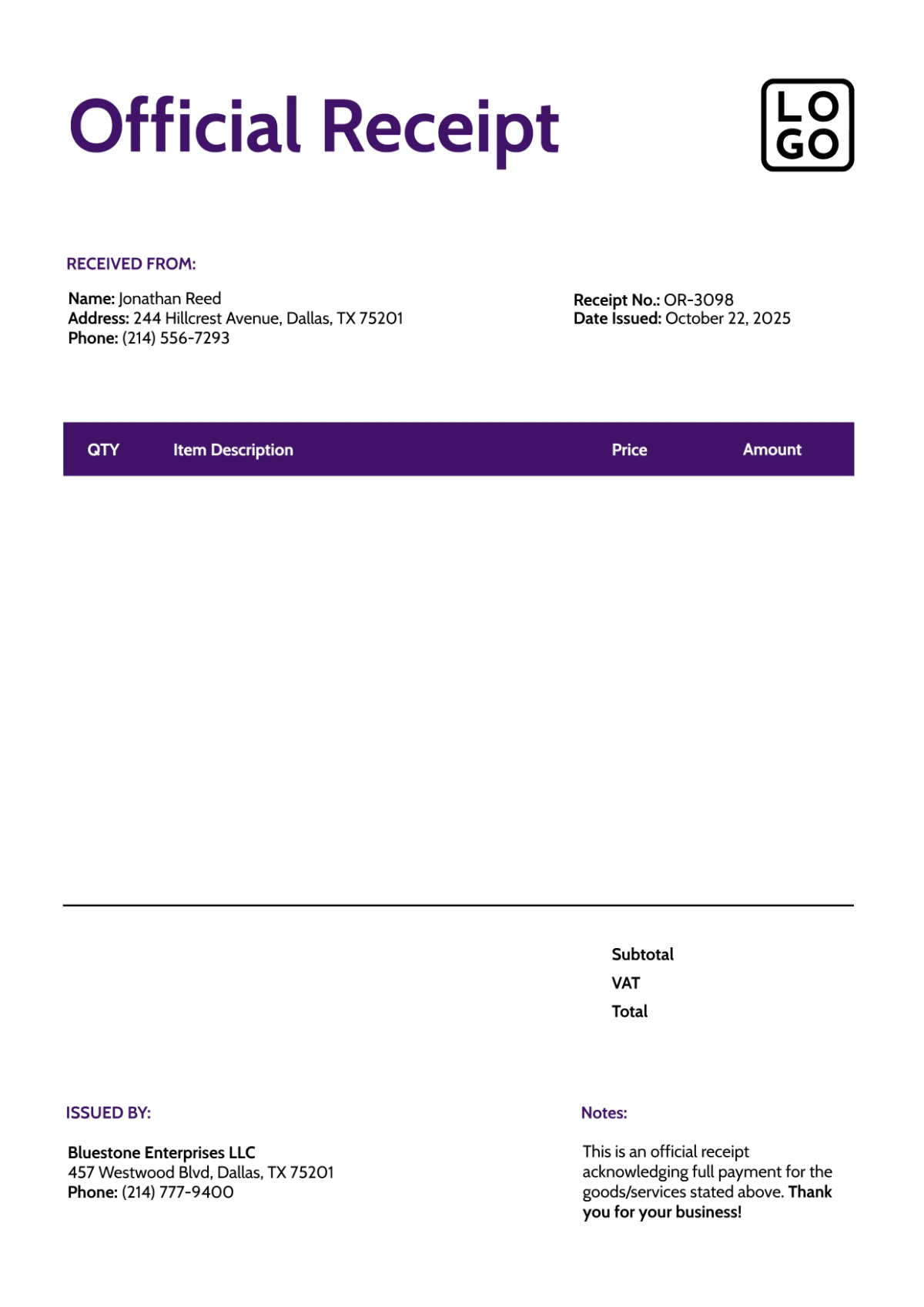 Free Official Receipt Template to Edit Online