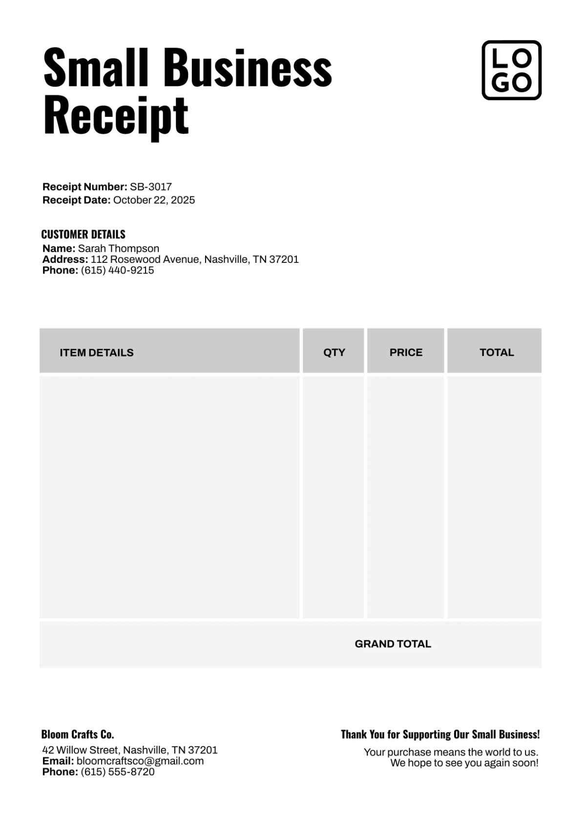 Free Small Business Receipt Template to Edit Online