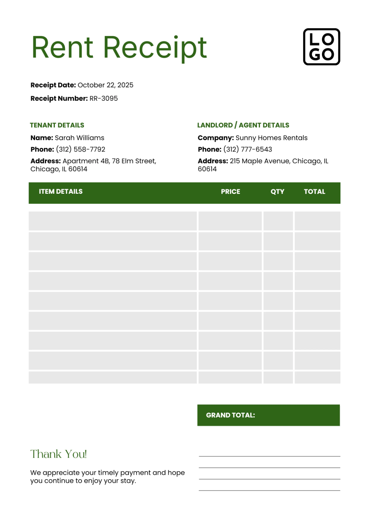 Free Rent Receipt Template to Edit Online