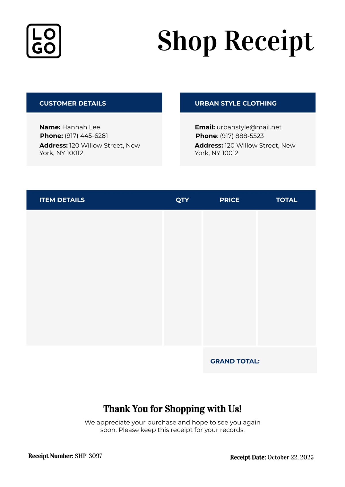 Free Shop Receipt Template to Edit Online