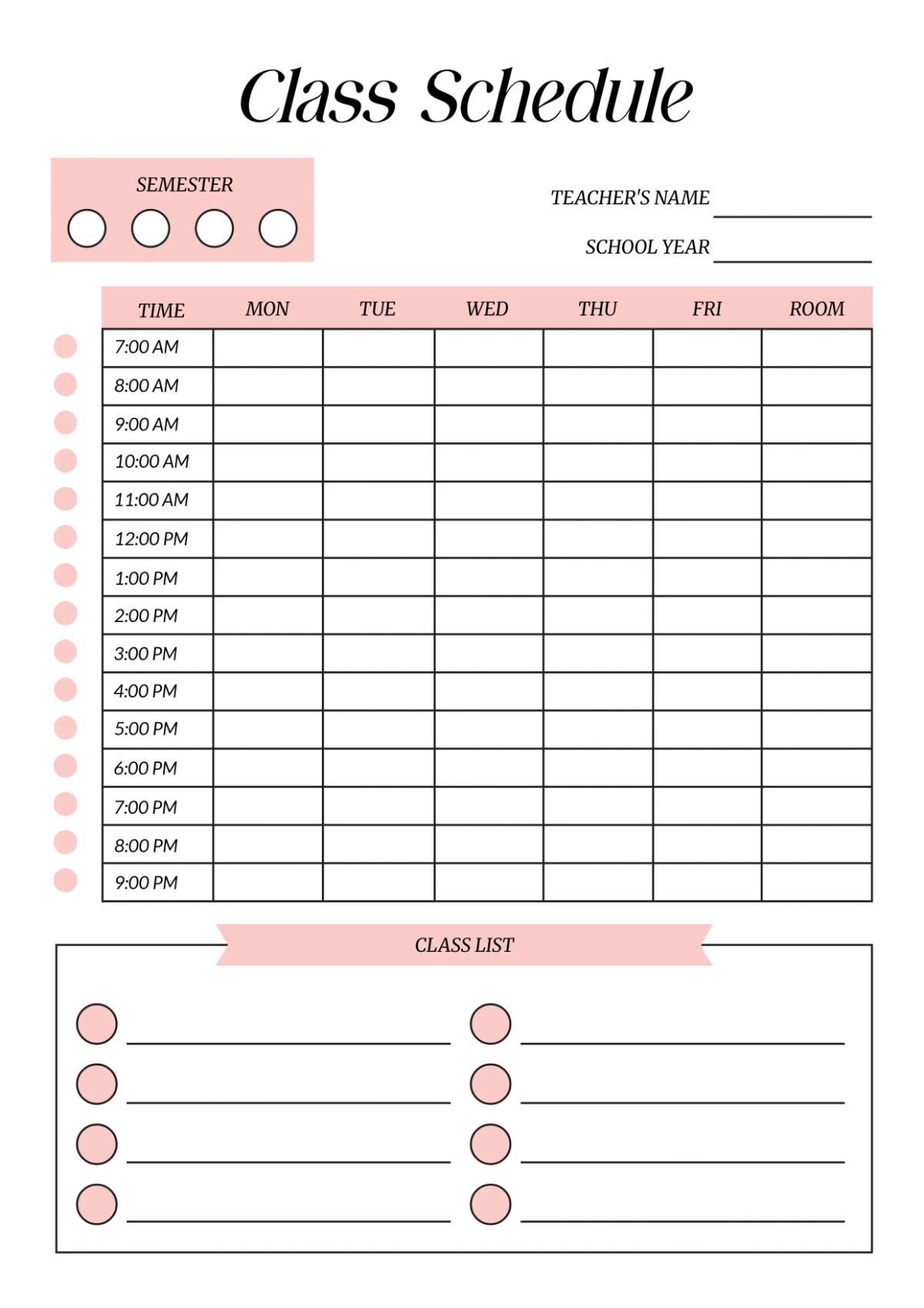 Free Teacher Classroom Schedule Template to Edit Online